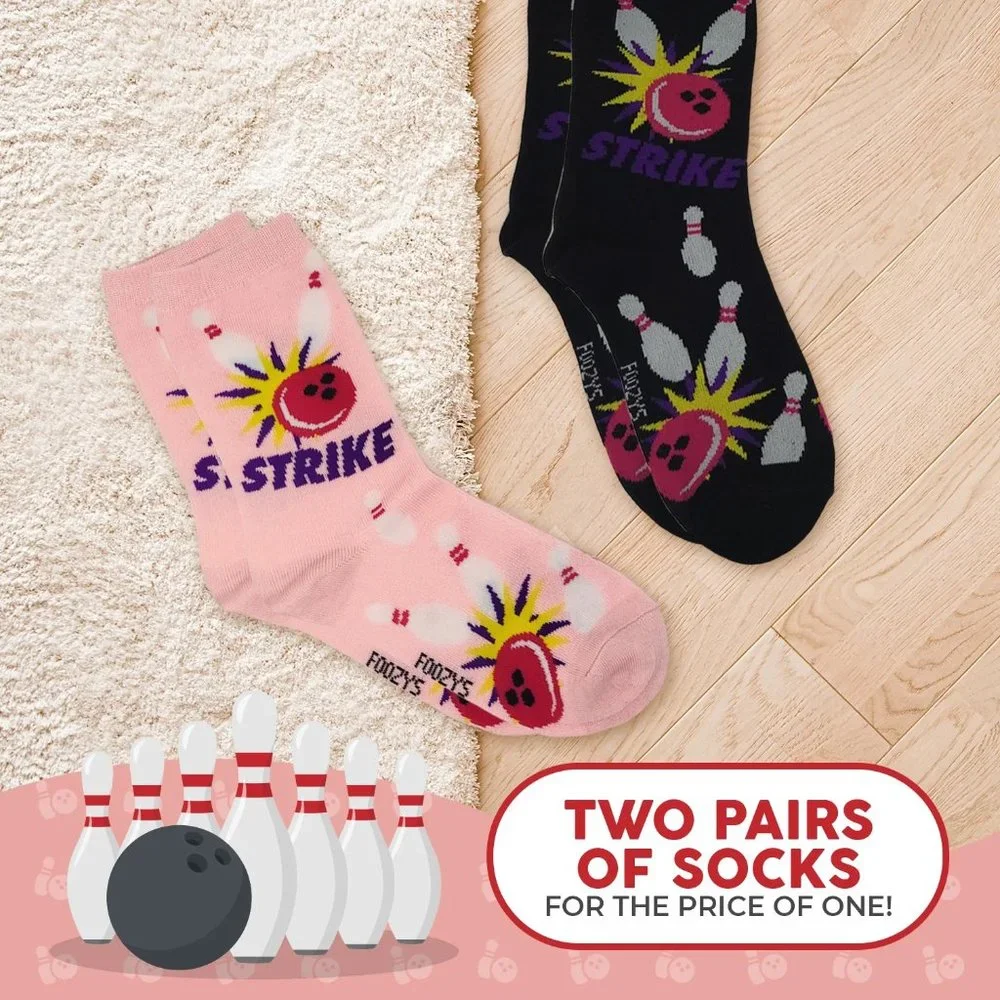 Bowling Strike Lanes Balls Pins Bowl Spare Game Sport 2 Pair Foozys Womens Socks
